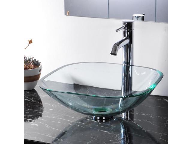 Bathroom Tempered Glass Vessel Sink Natural Clear Square Shape Transparent Basin