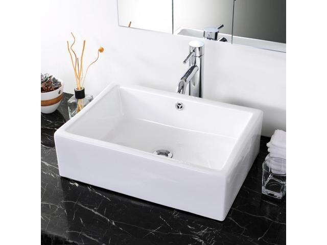 Aquaterior 20-2/7'x14-1/4'x6' Rectangle White Porcelain Ceramic Bathroom Sink w/ Free Chrome Drain and Overflow