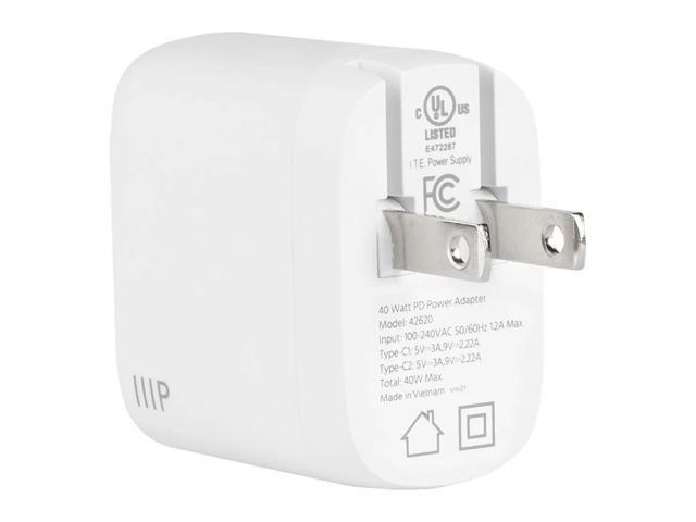 Monoprice 40W 2-port USB-C GaN Charger, Fast Charge, Foldable, Power Delivery for iPad, iPhone, Samsung Galaxy, White