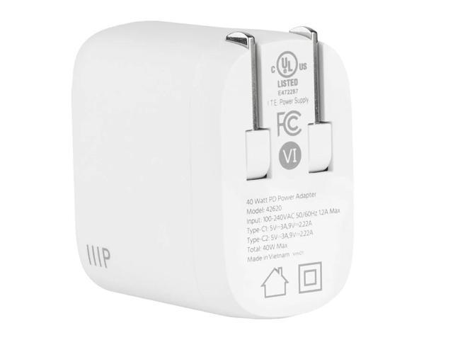 Monoprice 40W 2-port USB-C GaN Charger, Fast Charge, Foldable, Power Delivery for iPad, iPhone, Samsung Galaxy, White