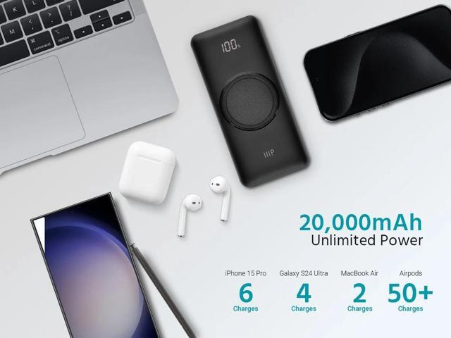 Monoprice 20,000 mAh Power Bank with Wireless Charging, PD 20W and QC 3.0 Fast Charging, Built-In Digital LCD Display, Charge Up to 5 Devices...