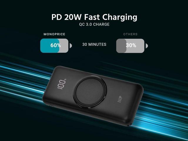 Monoprice 20,000 mAh Power Bank with Wireless Charging, PD 20W and QC 3.0 Fast Charging, Built-In Digital LCD Display, Charge Up to 5 Devices...