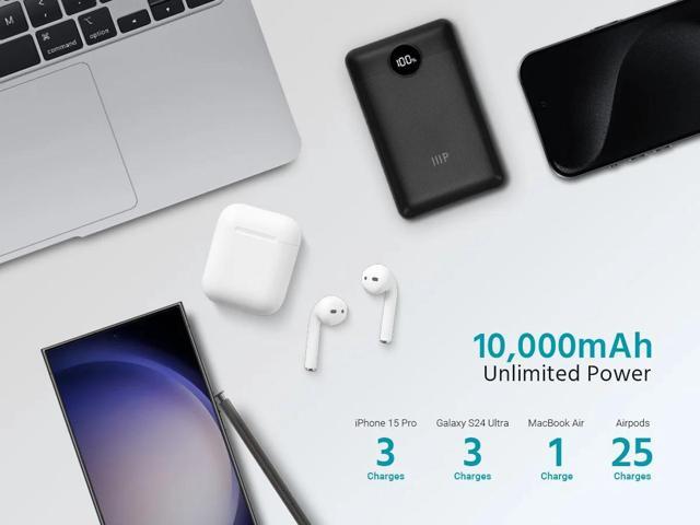 Monoprice Ultra-Compact USB-C 10,000 mAh Power Bank with USB-A and Micro USB, PD 20W and QC 3.0 Fast Charging, For 14 Pro Max, iPhone 14 Pro,...