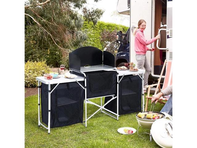 6 Inch Aluminum Portable Fold-Up Camping Kitchen with Windscreen and 5 Enclosed Cupboards, Cook Station, for BBQ, Camping, Picnic, Backyard