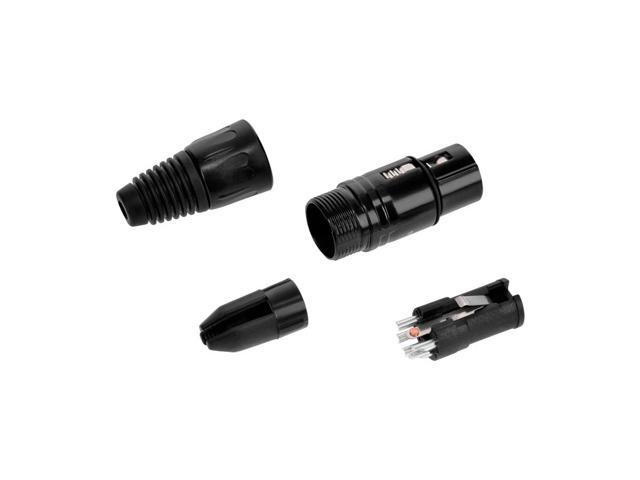 Monoprice 5-Pin Female DMX Connector - Black Anodized Aluminum With A Plastic Cap, Rubber Strain Relief Boot, And Lock Release Button.