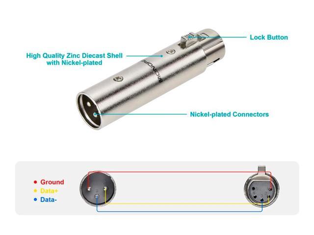 Monoprice 3-Pin Male to 5-Pin Female DMX Converter - Silver Anodized Aluminum Adapter With Lock Release Button