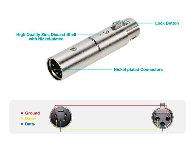 Monoprice 5-Pin Male to 3-Pin Female DMX Converter - Silver Anodized Aluminum Adapter With Lock Release Button