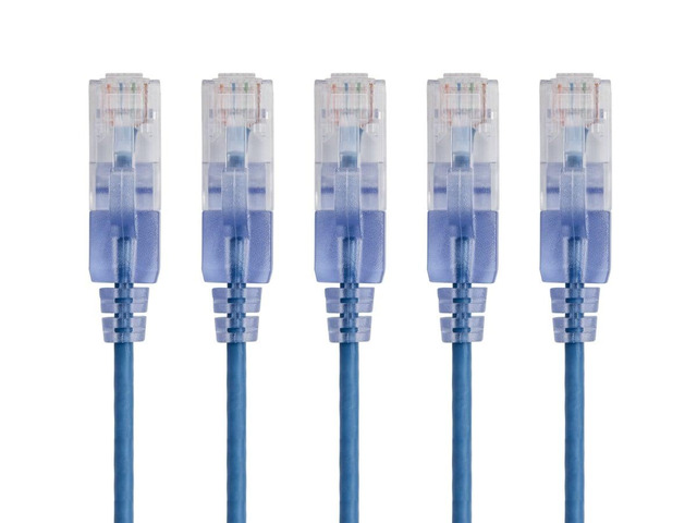 Monoprice SlimRun Cat6A Ethernet Patch Cable - Network Internet Cord - RJ45, 550Mhz, UTP, Pure Bare Copper Wire, 10G, 30AWG, 7ft, Blue, 5-Pack