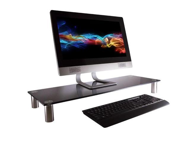 Monoprice Large Multimedia Desktop Stand - Black Glass (30.8 x 11in) Stand & Riser, Desktop TV Stand, Dual Monitors w/ Height Adjustable Legs
