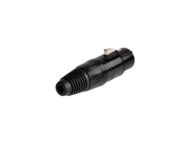 Monoprice 5-Pin Female DMX Connector - Black Anodized Aluminum With A Plastic Cap, Rubber Strain Relief Boot, And Lock Release Button.