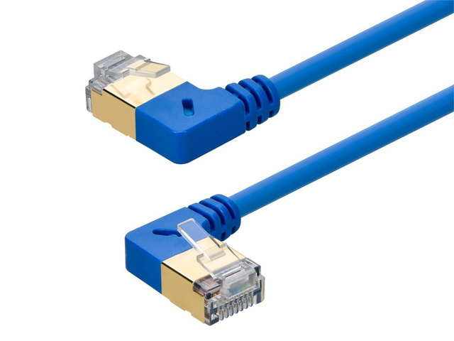 Monoprice SlimRun Cat6A Ethernet Network Cable/Cord - Blue - 1ft 90 Degree Angled, 36AWG, S/STP