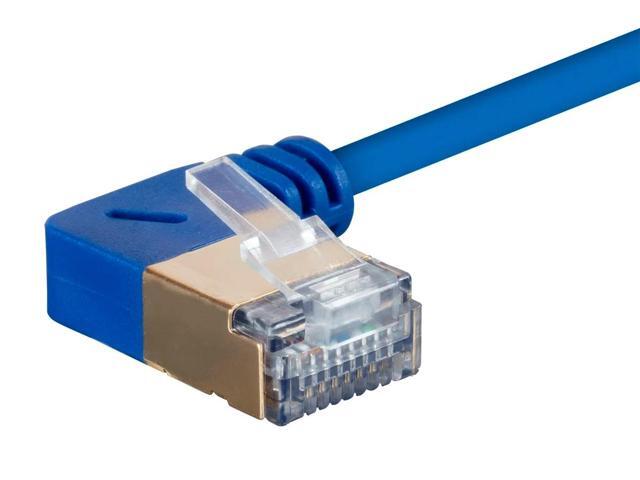 Monoprice SlimRun Cat6A Ethernet Network Cable/Cord - Blue - 3 Feet 90 Degree Angled, 36AWG, S/STP