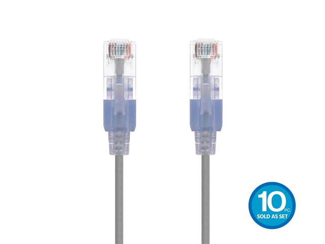 Monoprice SlimRun Cat6A Ethernet Patch Cable - Network Internet Cord - RJ45, 550Mhz, UTP, Pure Bare Copper Wire, 10G, 30AWG, 10ft, Gray, 10-Pack
