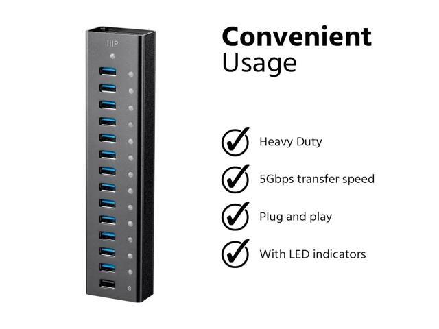 Monoprice 13-Port USB 3.0 Hub, 5Gbps, Heavy Duty Aluminum, Plug And Play With AC Adapter