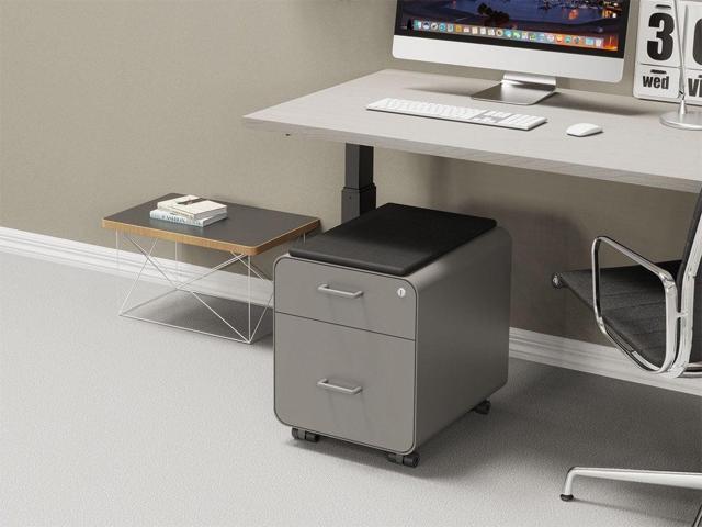Monoprice Round Corner 2-Drawer File Cabinet - Gray, Lockable With Seat Cushion - Workstream Collection