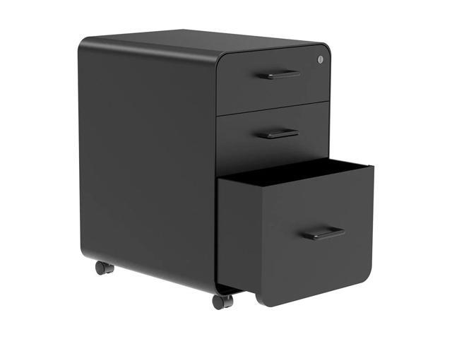 Monoprice Round Corner 3-Drawer File Cabinet - Black With Lockable Drawer - Workstream Collection