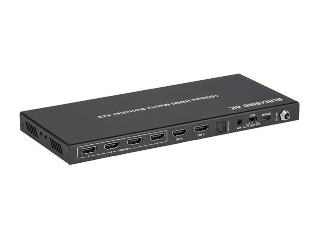 Monoprice Blackbird 4K HDMI Matrix, 4x2, HDR, 18G, 4K@60Hz, YCbCr 4:4:4, EDID, Coaxial Audio, Powered Switch, Control Remote