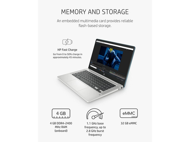 HP Chromebook 14a-na0120nr 14' HD Laptop Intel Celeron N4020 1.10GHz up to 2.80GHz Dual-core, Intel UHD Graphics 600 4GB LPDDR4-2400 RAM 32GB eMMC...