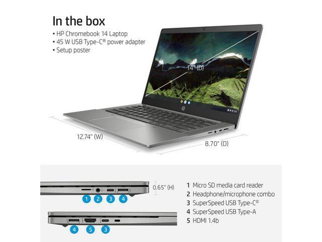 HP 14' Chromebook, Intel i3-1135, 4GB RAM, 128GB SSD, Silver, Chrome OS, 14b-nb0031wm Laptop Notebook