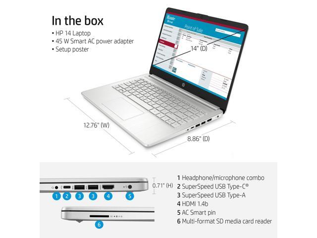 HP 14' Laptop, Intel Core i5-1135G7, 8GB RAM, 256GB SSD, Natural Silver, Windows 11 Home, 14-dq2078wm Notebook
