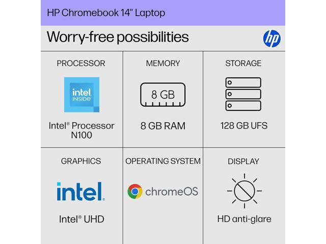 HP Chromebook 14 inch Laptop, HD Display, Intel Processor N100, 8 GB RAM, 128 GB UFS, Intel UHD Graphics, Chrome OS, Chalkboard Gray, 14a-nf0099nr
