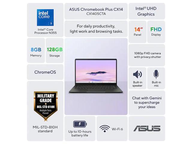 ASUS - CX14 14" FHD Chromebook Plus Laptop with Google AI - Intel Core 3 (2025) - 8GB Memory - 128GB Storage - Hunter Green - image 5