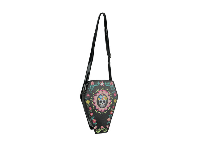 Day of the Dead Sugar Skull Coffin Shaped Convertible Mini Backpack / Crossbody Purse for Adults