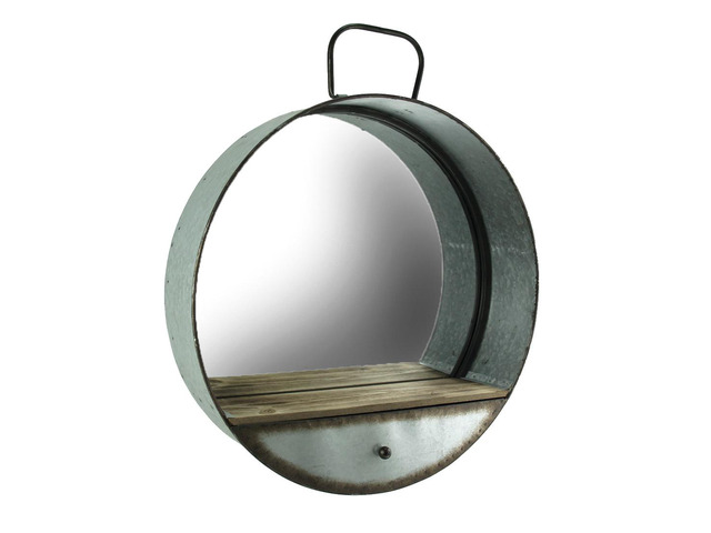 Round Wall Mirror, 20.5 Inch Galvanized Metal Tub Frame with Drawer