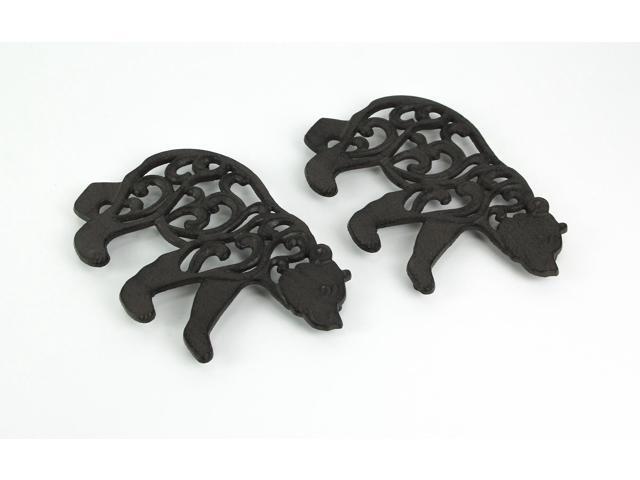 Set of 2 Black Enamel Cast Iron Bear Kitchen Trivets Lodge Decor