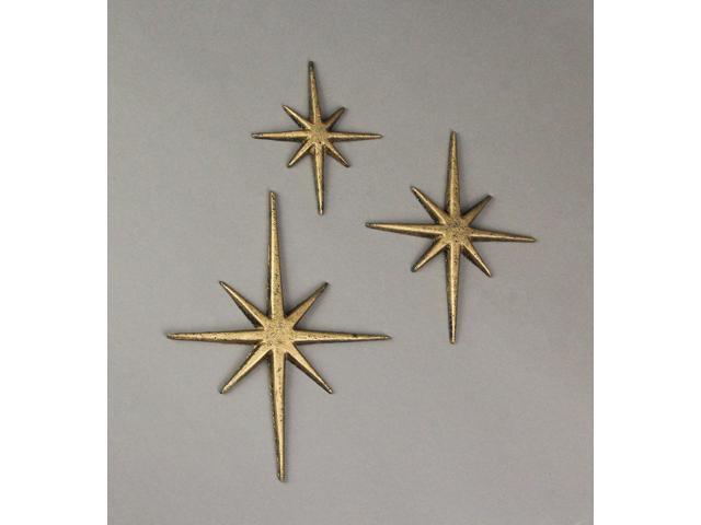 Set of 3 Gold Finish Cast Iron 8-Pointed Atomic Starburst Wall Hangings - Mid-Century Modern Elegance - Easy Install - Perfect for Vintage and...