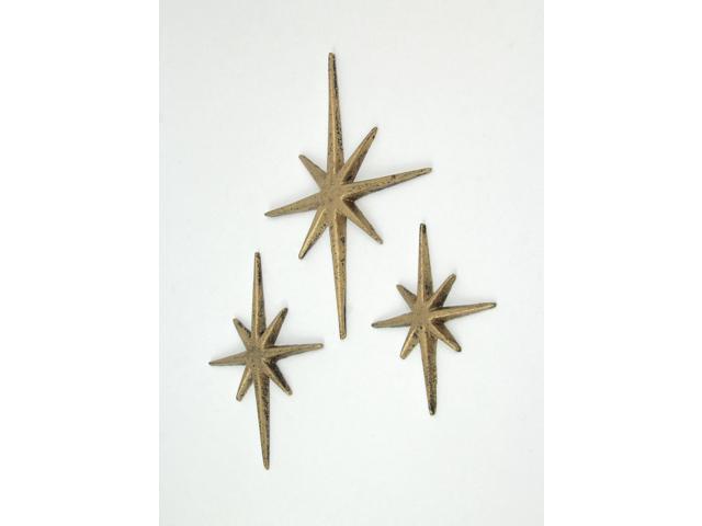 Set of 3 Gold Finish Cast Iron 8-Pointed Atomic Starburst Wall Hangings - Mid-Century Modern Elegance - Easy Install - Perfect for Vintage and...