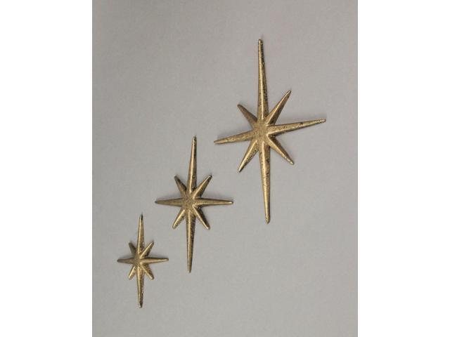 Set of 3 Gold Finish Cast Iron 8-Pointed Atomic Starburst Wall Hangings - Mid-Century Modern Elegance - Easy Install - Perfect for Vintage and...
