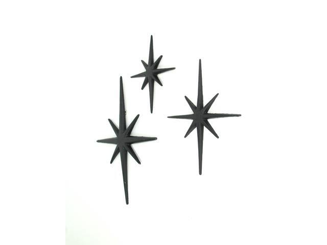 Zeckos Radiant Trio of Large Matte Black Cast Iron Starburst Wall Hangings - Timeless Mid Century Modern Décor - 8 Pointed Stars - Elegantly...