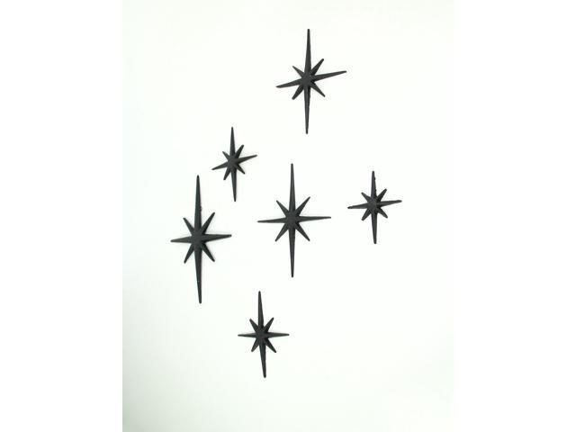 Enchanting Set of 6 Black Cast Iron Starburst Wall Hangings - Mid Century Modern Decor with Elegant 8 Pointed Stars - Great for Bedrooms and Living...