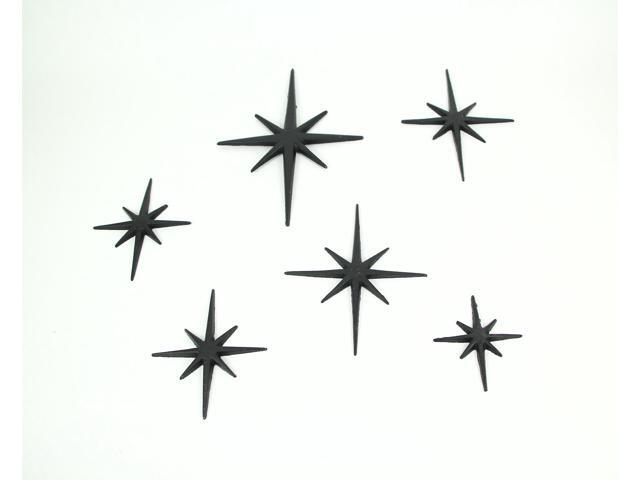 Enchanting Set of 6 Black Cast Iron Starburst Wall Hangings - Mid Century Modern Decor with Elegant 8 Pointed Stars - Great for Bedrooms and Living...