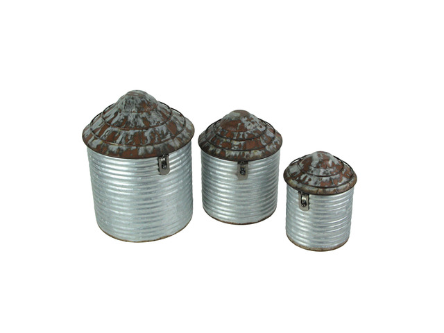Set of 3 Farm Silo Canisters, 10.75 Inch Tall, Grey Galvanized Zinc Finish