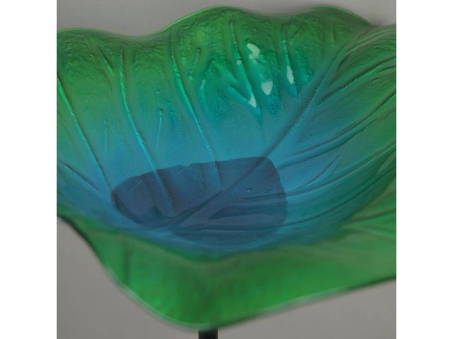 Set of 2 Green and Blue Glass Tropical Leaf Bird Bath Garden Stakes for Outdoor Home Yard Decor, Standing at 25 Inches High - Enhance Your Garden...