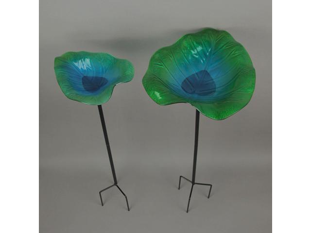 Set of 2 Green and Blue Glass Tropical Leaf Bird Bath Garden Stakes for Outdoor Home Yard Decor, Standing at 25 Inches High - Enhance Your Garden...