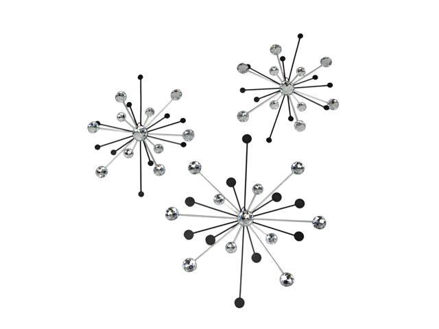 Set of 3 Starburst Wall Sculptures, Black and Silver Jeweled 11.5 Inch