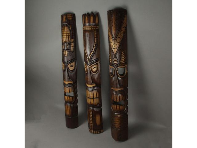 Set of 3 40-Inch Tall Hand-Carved Tiki Mask Wall Sculptures - Polynesian-Style Tropical Beach Home Hanging Art with Exquisite Indonesian Artisan...