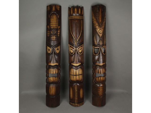 Set of 3 40-Inch Tall Hand-Carved Tiki Mask Wall Sculptures - Polynesian-Style Tropical Beach Home Hanging Art with Exquisite Indonesian Artisan...
