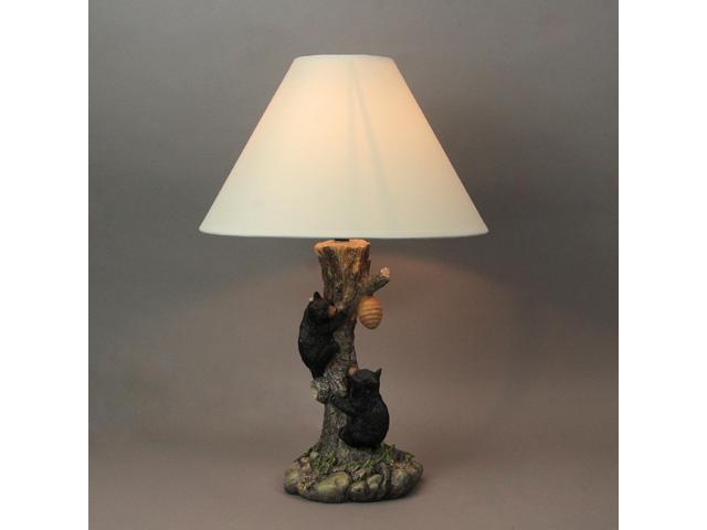 Rustic Black Bear Cubs Climbing Tree For Honey Table Lamp Beige Fabric Shade
