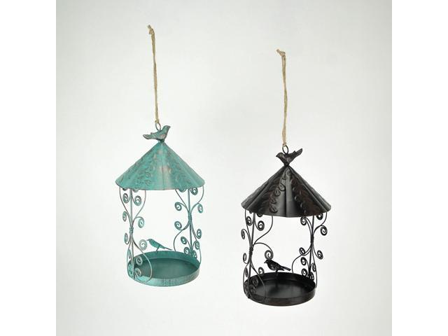 Rust Teal Metal Hanging Bird Feeder Outdoor Decorative Garden Seed Tray Set of 2