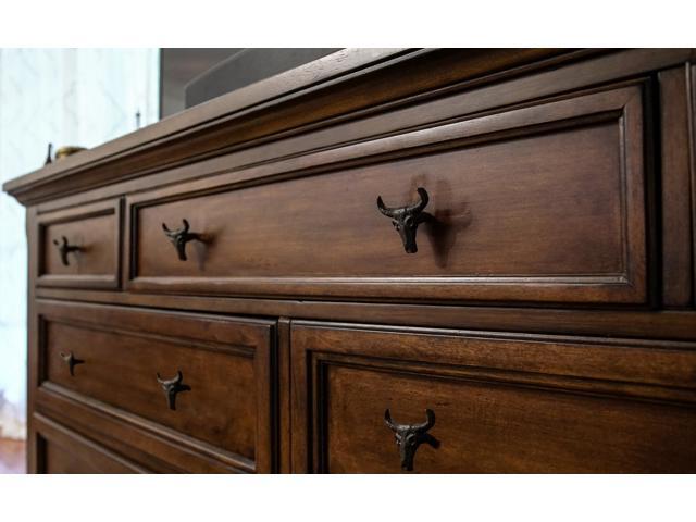 Set of 6 Rustic Brown Cast Iron Steer Skull Drawer Pulls - Western Home Decor Cabinet Knobs - 2 Inches High - Easy Install - Great For Dressers and...