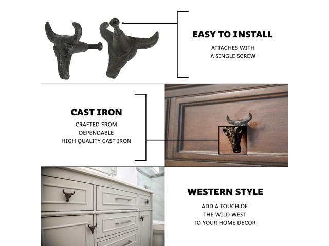 Set of 6 Rustic Brown Cast Iron Steer Skull Drawer Pulls - Western Home Decor Cabinet Knobs - 2 Inches High - Easy Install - Great For Dressers and...