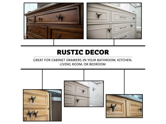 Set of 6 Rustic Brown Cast Iron Steer Skull Drawer Pulls - Western Home Decor Cabinet Knobs - 2 Inches High - Easy Install - Great For Dressers and...