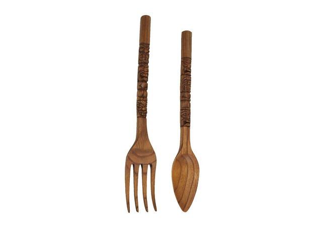 Set of 2 Tiki Spoon and Fork Wall Sculptures, 24 Inch Brown Wood