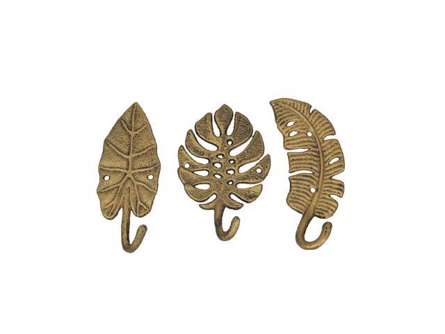 Set of 3 Cast Iron Gold Tropical Leaf Decorative Wall Hooks Towel Hanger Rack