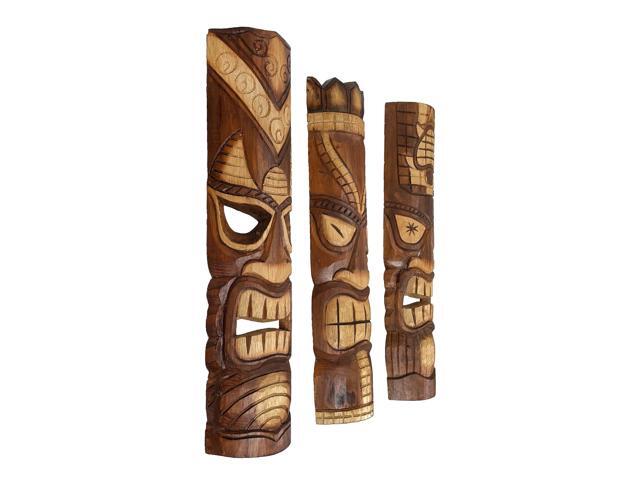 Set of 3 Exquisite 24-Inch High Hand-Carved Tiki Mask Wall Hanging Sculptures - Artisan Crafted - Perfect Polynesian Designs for Tropical Beach...