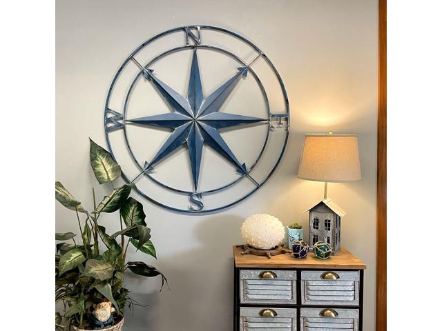 Aegean Blue Distressed Finish Large Metal Nautical Compass Rose Wall Art Sculpture - Beautiful Coastal Indoor/Outdoor Decor - 39.25 Inches in Diameter